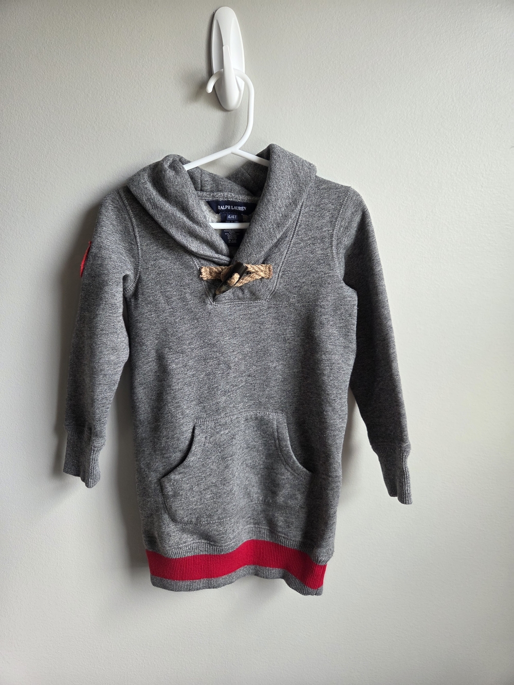 Ralph Lauren Gray Hooded Knit Sweater Dress with Red Trim